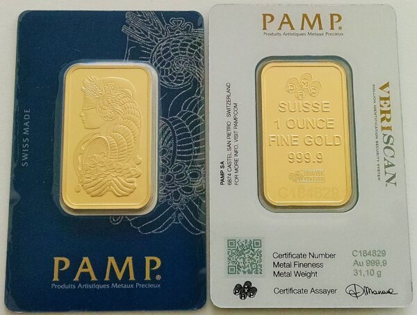 1 oz PAMP Suisse Fortuna Veriscan Gold Bar (New w/ Assay)