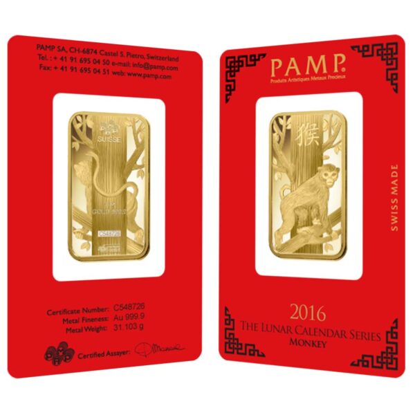 1 oz PAMP Suisse Lunar Monkey Gold Bar (New w/ Assay)