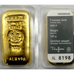 100 Gram Argor Heraeus Cast Gold Bar (New w/ Assay)