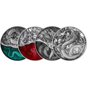 13.5 oz Antique Republic of Chad Dragon King of the Four Seas 4-Coin Set (Silver Plated)