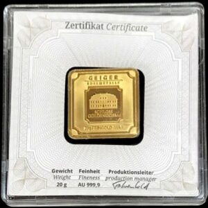 20 Gram Geiger Square Gold Bar For Sale (New w/ Assay)