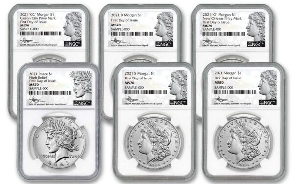 2021 Morgan and Peace Silver Dollar 6-Coin Set NGC MS70 FDOI