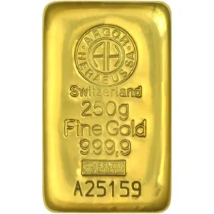 250 Gram Argor Heraeus Cast Gold Bar (New w/ Assay)