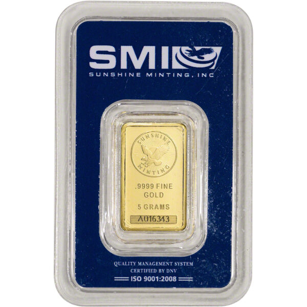 5 Gram Sunshine Gold Bar For Sale (New w/ Assay, MintMark SI)