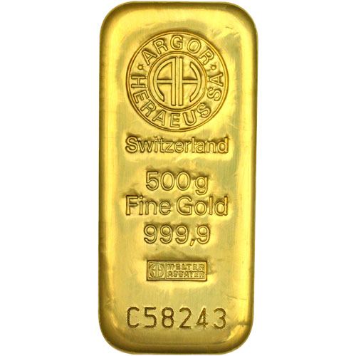 500 Gram Argor Heraeus Cast Gold Bar (New w/ Assay)