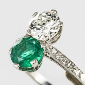 1930s French Platinum Art Deco Emerald Diamond "You and Me" Ring