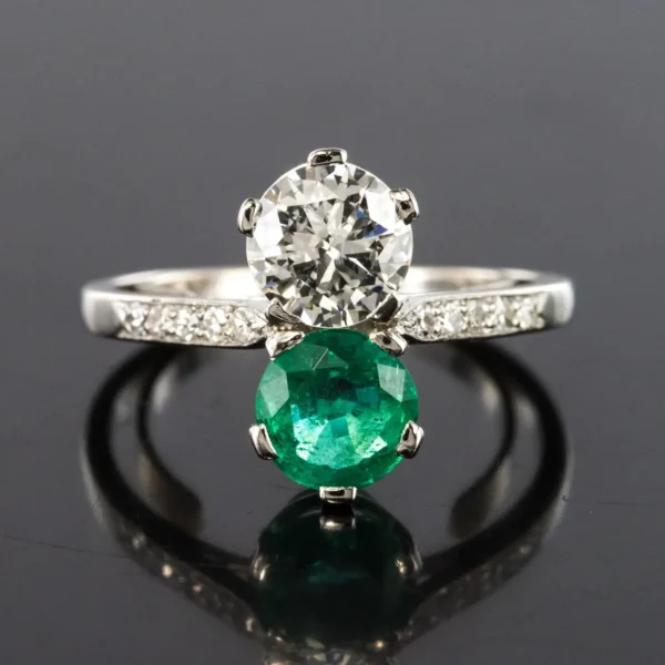 1930s French Platinum Art Deco Emerald Diamond "You and Me" Ring