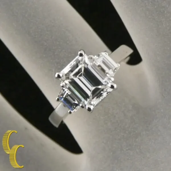 2.10 Carat Emerald Cut Diamond 3-Stone Platinum Ring with GIA Certified