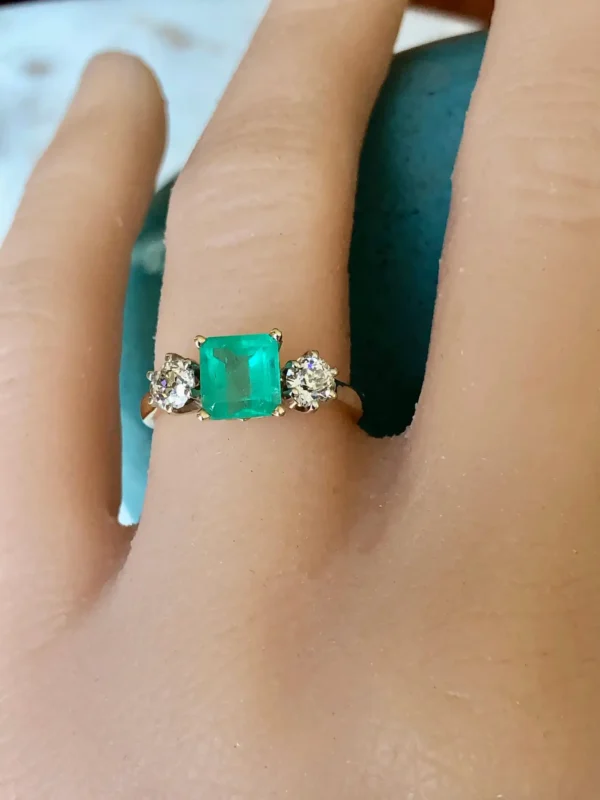 2.33 Carat Natural Colombian Emerald Old European Diamond Engagement Ring Gold