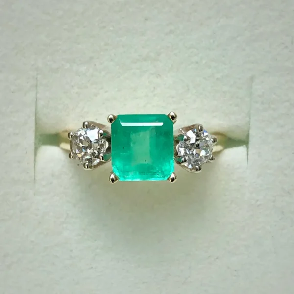 2.33 Carat Natural Colombian Emerald Old European Diamond Engagement Ring Gold