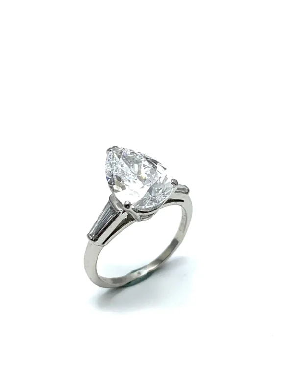3.14 Carat D SI1 Pear Shape Diamond and Baguette Diamond Platinum Ring