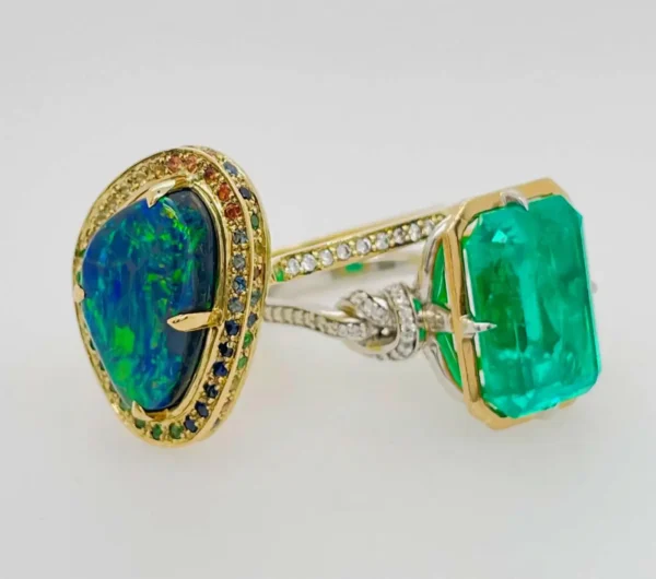 3ct Emerald in Forget Me Knot Ring Platinum and 22ct Yellow Gold