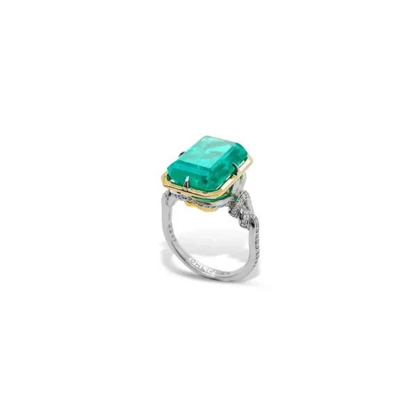 3ct Emerald in Forget Me Knot Ring Platinum and 22ct Yellow Gold