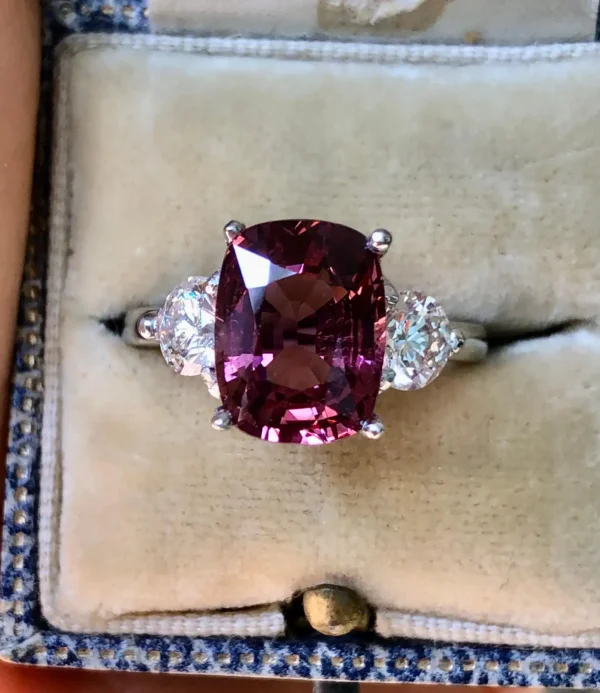 5.10 Carat Spinel and Diamond Three-Stone Platinum Engagement Ring