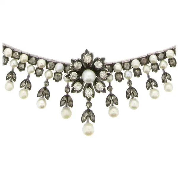 Antique Natural Pearl and Diamond Necklace, circa 1880
