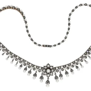 Antique Natural Pearl and Diamond Necklace, circa 1880