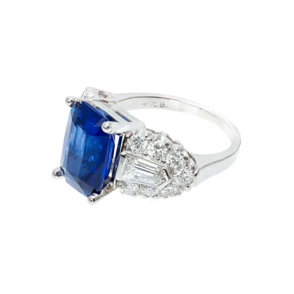 Art Deco 5.28 Carat Emerald Cut Sapphire Diamond Platinum Engagement Ring