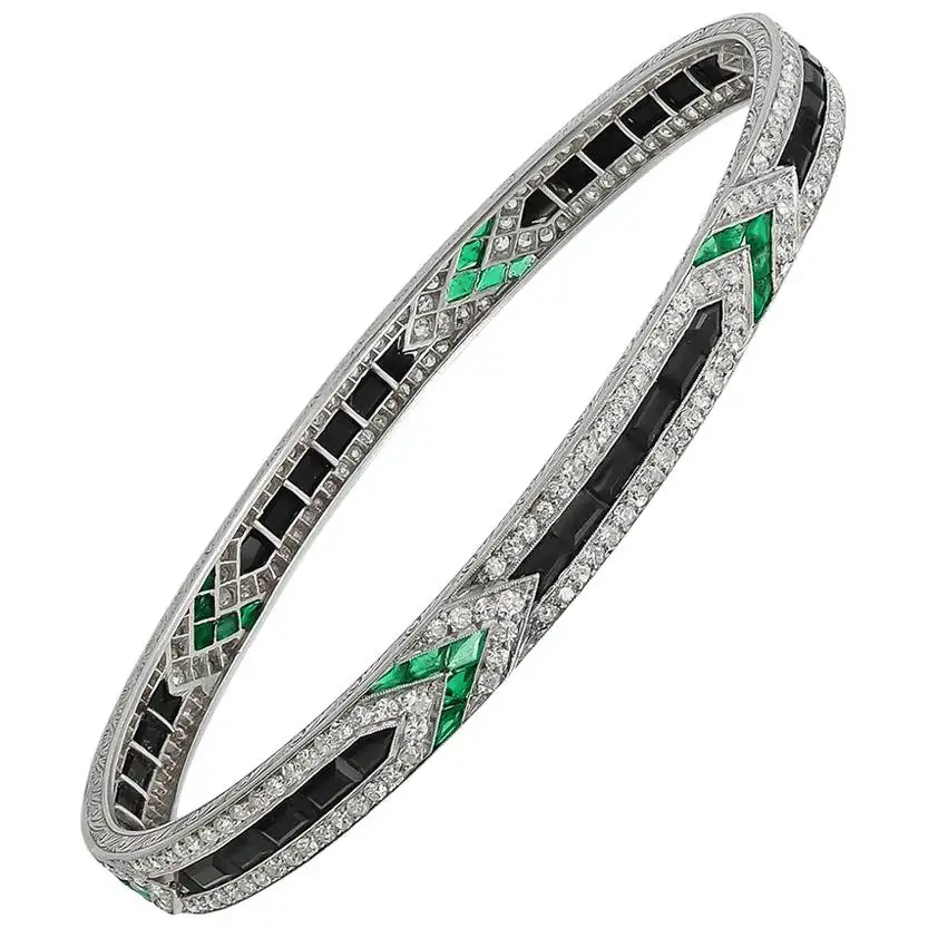 Art Deco Diamond Emerald Onyx Bangle Van Cleef & Arpels