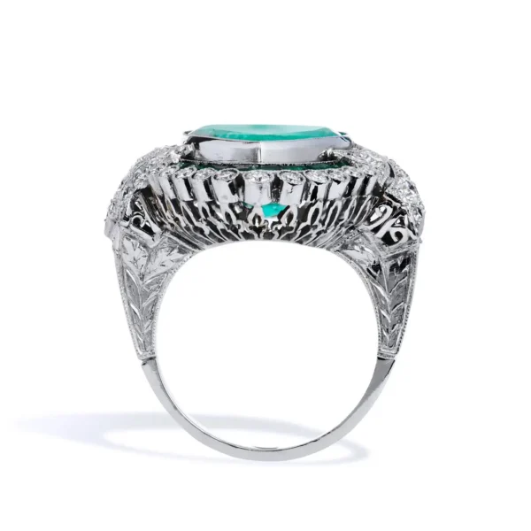 Art Deco Inspired 5.87 Carat Heart Shaped Colombian Emerald Diamond Plat Ring 7