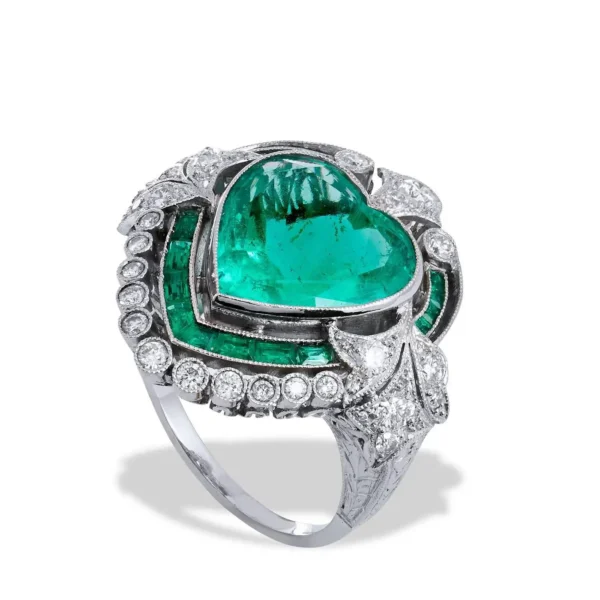 Art Deco Inspired 5.87 Carat Heart Shaped Colombian Emerald Diamond Plat Ring 7