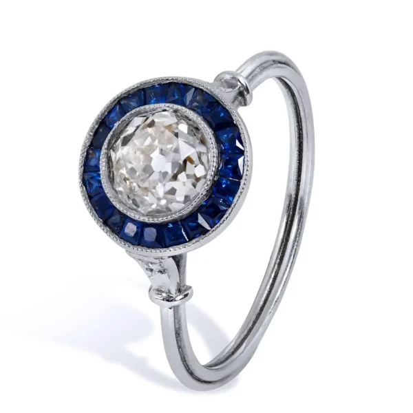Art Deco Style 1.16 Carat Old European Cut Diamond Sapphire Platinum Ring 6.5