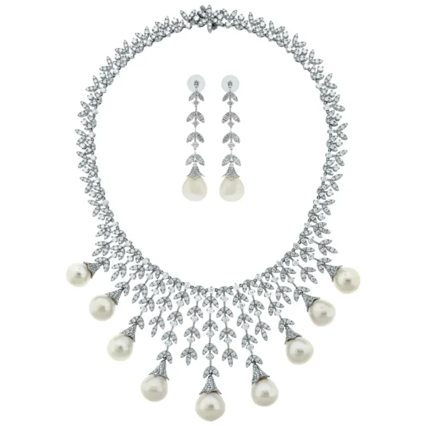 Beauvince Diamond and South Sea Pearls Necklace and Earrings Suite in White Gold