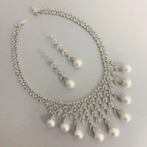 Beauvince Diamond and South Sea Pearls Necklace and Earrings Suite in White Gold