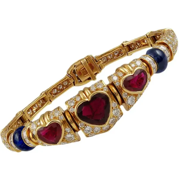 Bulgari Heart Shaped Ruby Diamond Sapphire Yellow Gold Necklace Set