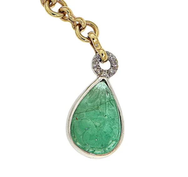 Cabochon Green Emerald Diamonds Yellow Gold Drop Necklace Made In Italy