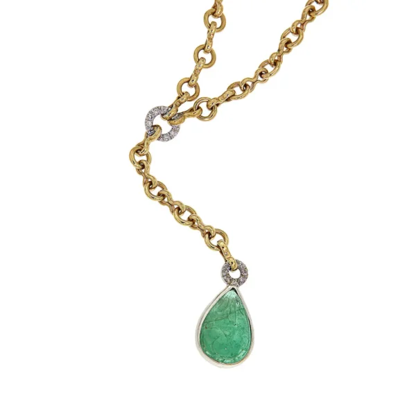 Cabochon Green Emerald Diamonds Yellow Gold Drop Necklace Made In Italy