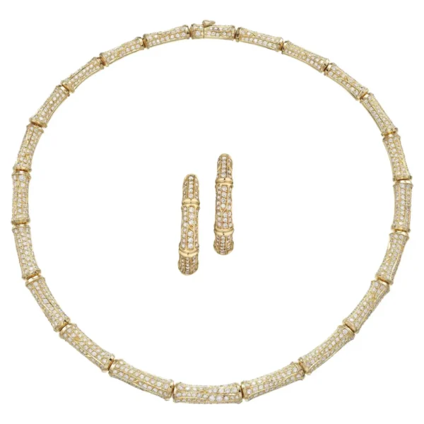 Cartier 26cts Diamond Bamboo Suite in 18K Gold Necklace and Earrings