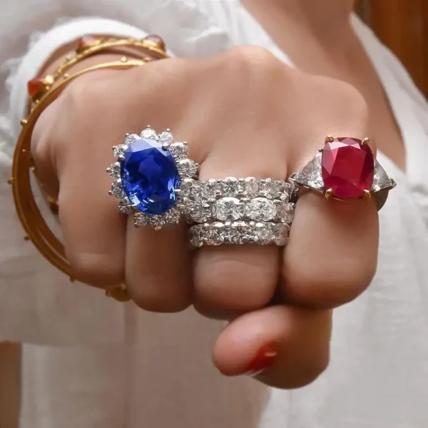 Cellini 13.26CT Cushion Burmese Ruby Three-Stone Ring with 2.37 Carat Diamonds
