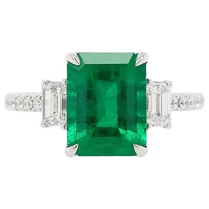 Certified Colombian Emerald White Diamond 18K Three-Stone Engagement Ring