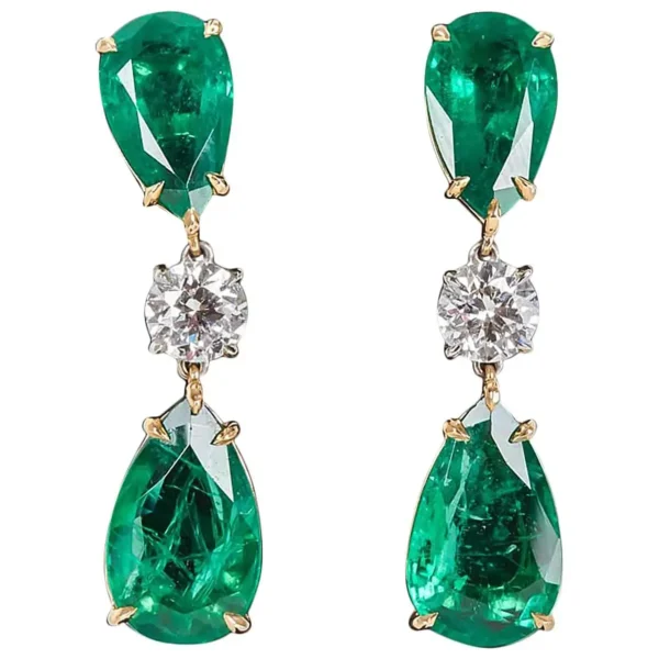 Elegant Green Emerald Diamond Gold Drop Earrings