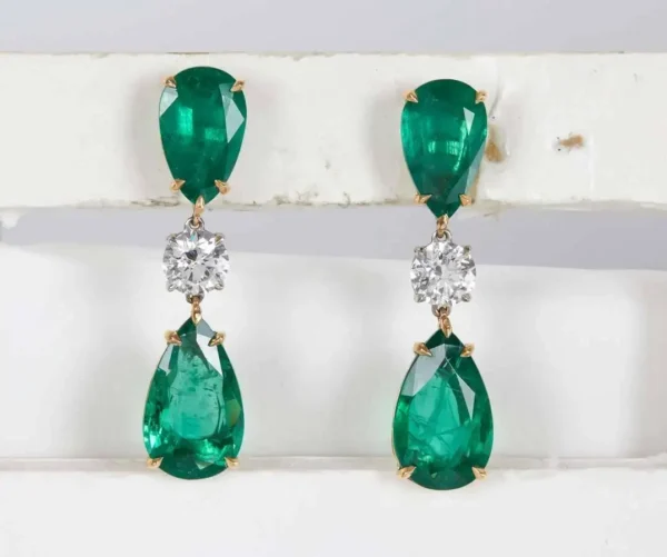 Elegant Green Emerald Diamond Gold Drop Earrings
