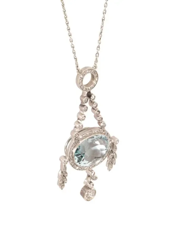 Fabergé Oval Cut Aquamarine Diamond Platinum Gold Pendant Necklace