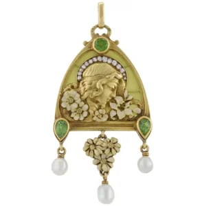 French Art Nouveau Peridot Diamond Gold and Plique-a-Jour ''Juliet'' Pendant