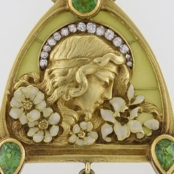 French Art Nouveau Peridot Diamond Gold and Plique-a-Jour ''Juliet'' Pendant