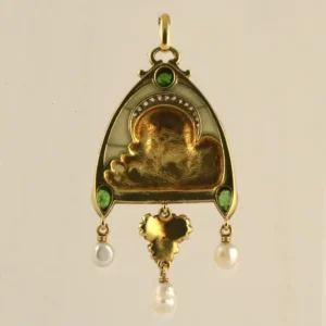 French Art Nouveau Peridot Diamond Gold and Plique-a-Jour ''Juliet'' Pendant