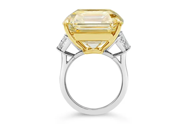 GIA Certified 30.02 Carat Fancy Intense Yellow Diamond Three-Stone Ring