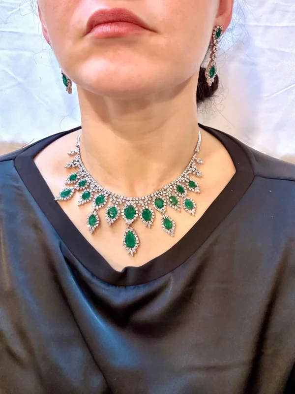 GIA Certified 65 Ct Emerald and Diamond Necklace and Earring Bridal Suite