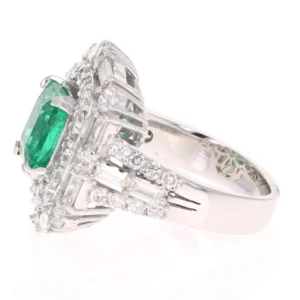 GIA Certified Emerald Diamond 18K White Gold Art-Deco Inspired Cocktail Ring