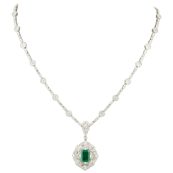 Green Emerald Diamond White Gold Pendant Necklace
