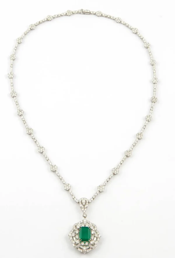 Green Emerald Diamond White Gold Pendant Necklace