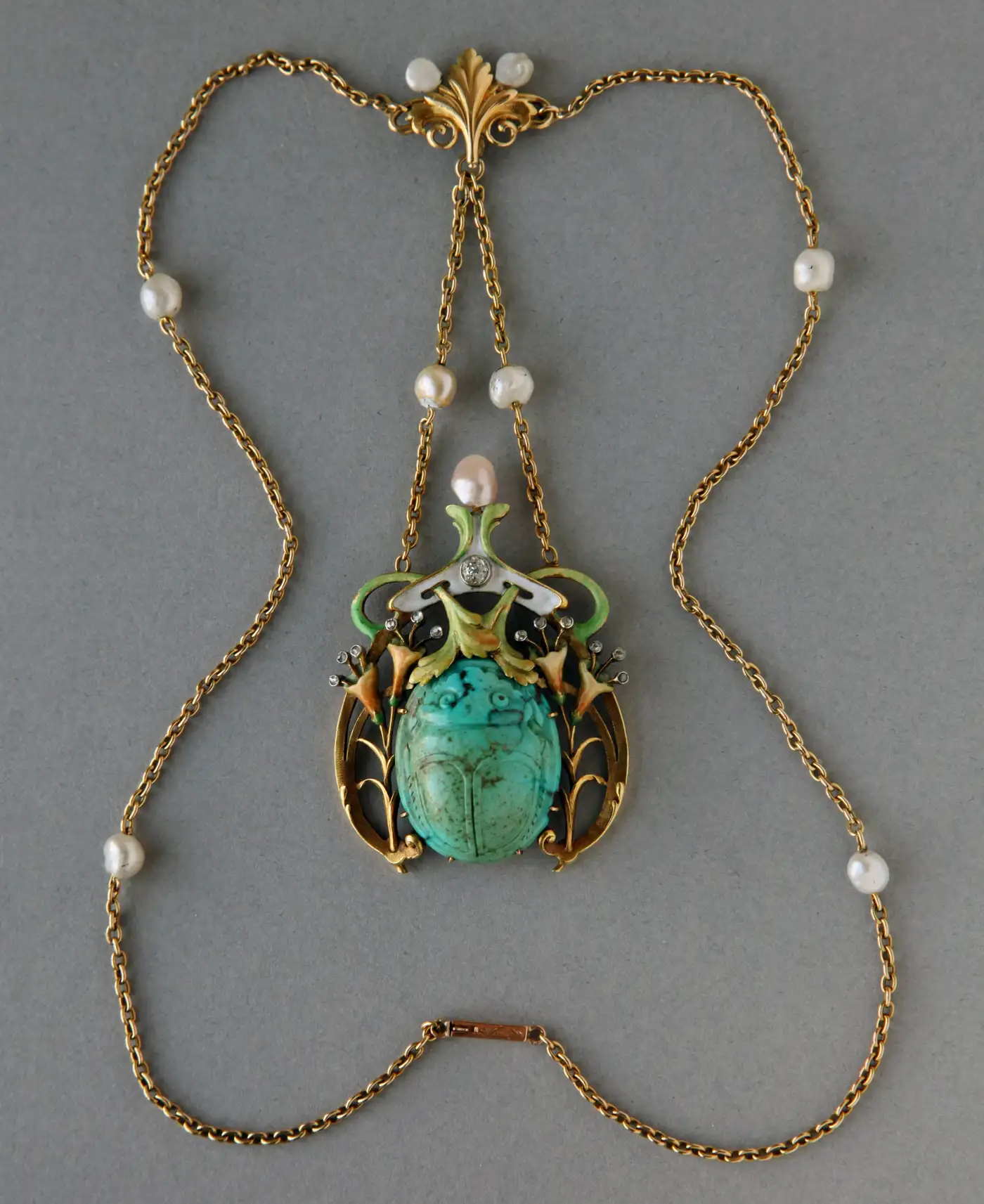Guillemin Frères Fin de Siècle Enamel Turquoise Pearl Diamond Gold Necklace
