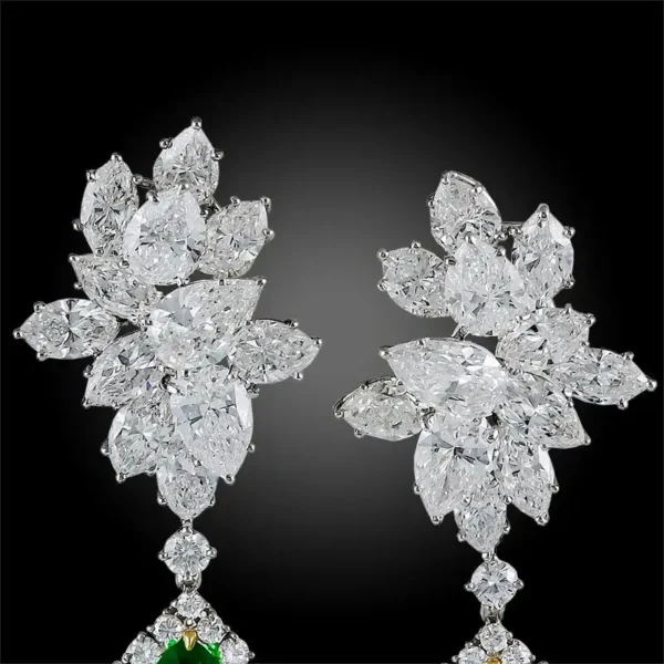 Harry Winston Emerald Diamond Cluster Platinum Pendant Earrings