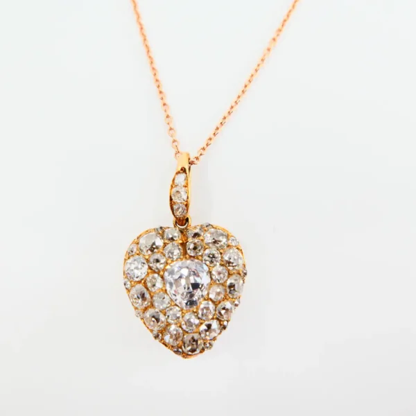 Important Old Mine Cut Heart Locket Pendant and Diamond Necklace, Certified