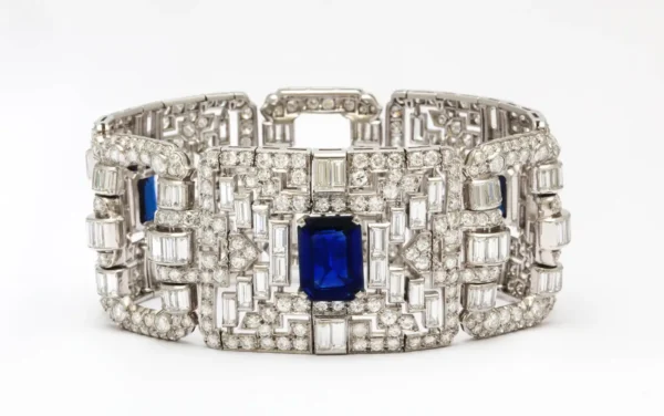 Important Wide Art Deco Diamond and Sapphire Bracelet