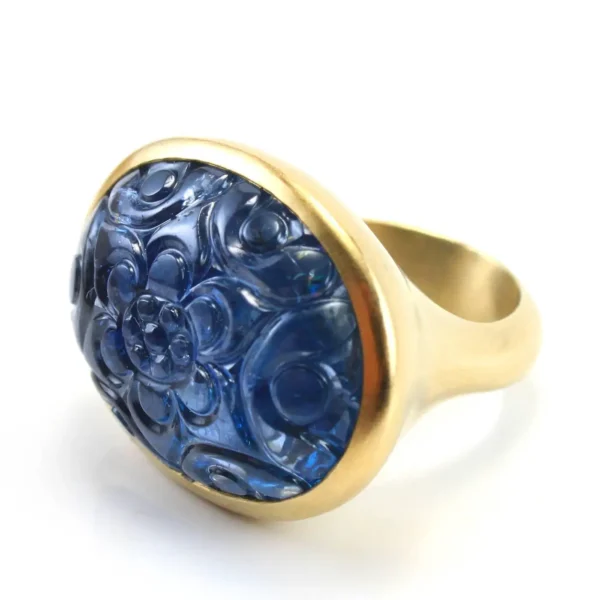 Large Carved Mughal Sapphire 18K Gold Ring