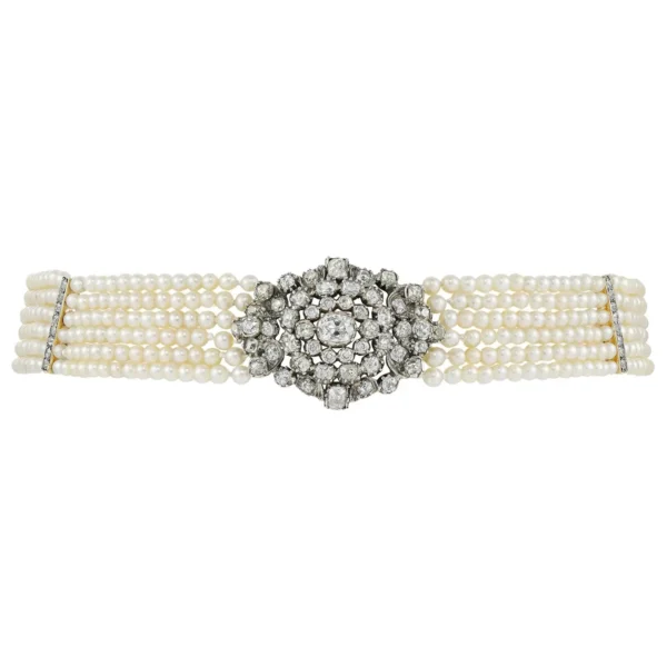 Late Georgian Six-Row Natural Pearl and Diamond Collar Necklace
